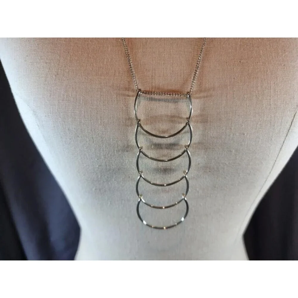 Boho Gold Tone Multi Ring Pendant Necklace 26” Long Statement Jewelry